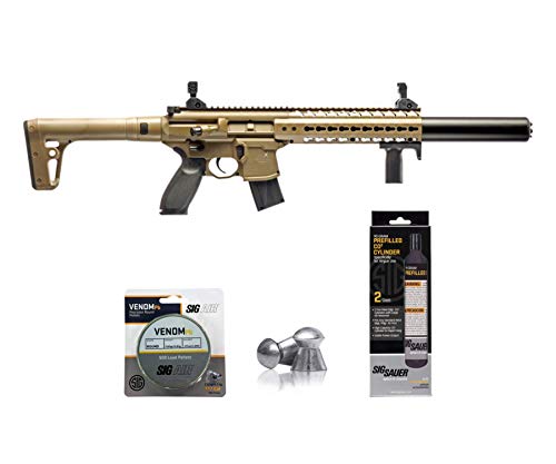 SIG Sauer MCX .177 Cal CO2 Powered Advanced Air Rifle with CO2 90 Gram (2 Pack) and 500 Lead Pellets Bundle (FDE, Folding Sights)