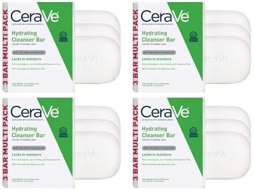 Image of CeraVe Hydrating Cleanser Bar, Soap-Free Body and Facial Cleanser with 5% Moisturizing Cream, Fragrance-Free, 12-Pack, 4.5 Ounce Each