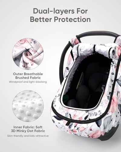 Image of Car Seat Cover Baby Girls, Infant Car Seat Canopy Outdoor, 2 Layers with Mesh and Sun Shade Window for Summer Winter, Easy Access Carseat Covers Snug Fit Baby Stroller - Pink Floral