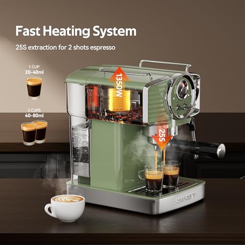 Image of SUMSATY Espresso Machine 20 Bar, Retro Espresso Maker with Powerful Milk Frother Steam Professional Expresso Machine for Home with 61oz Water Tank Cappuccino & Latte Maker, Green