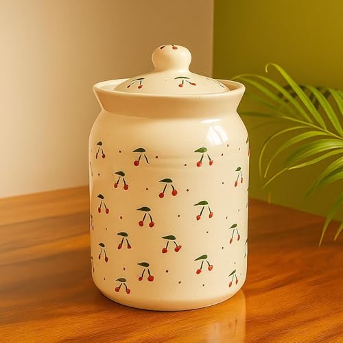 Image of Handcrafted Ceramic Jar with Lid 1000 mL | Traditional HandPainted Kitchen Storage Container | Pickle, Spice, Sugar, Tea, Coffee Canister | Pottery Home & Gift (Set of 1) (Embossed Handmade Cherry)