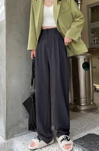 Image of Aahwan Solid Dark Blue Korean Baggy Parallel Formal Pant for Women's & Girls'
