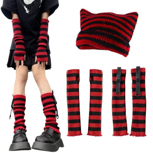Crochet Hats for Women Girls,Cute Knitted Striped Arm Warmers Leg Warmers 80s Emo Scene Accessories