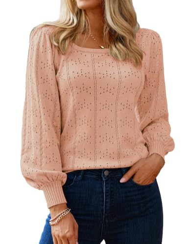 Image of HOTOUCH Sweaters for Women 2026 Fall Trendy Tops Casual Puff Sleeve Square Neck Cute Tunic Pullover Blouses XS-XXL