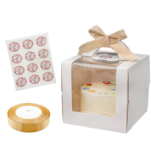 Savveffort 12 Set 6x6x6 Inches Cake Boxes with Boards-?12 Boxes with Handles & 12 Borads & 70ft Silk Ribbon and 12Pcs Stickers?