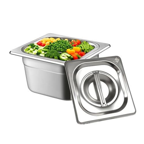 Image of HS Stainless Steel GN Pan Sixth Size 1 /6 100mm Depth 1.5L Capacity Anti-Jam Design 100% BIS Certified Raw Material European Standard Made in India 17.6 x 16.2 x 10 cm Professional Kitchen Grade