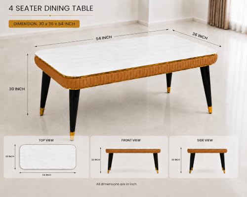 Image of WOODEN SPACE Majestic 4 Seater Wooden Dining Table Set | Urban Marble Top Dining Table with Chairs for Dining Room & Kitchen (Modern Classic Printed Mustard) (54 x 36 x 30 inch)