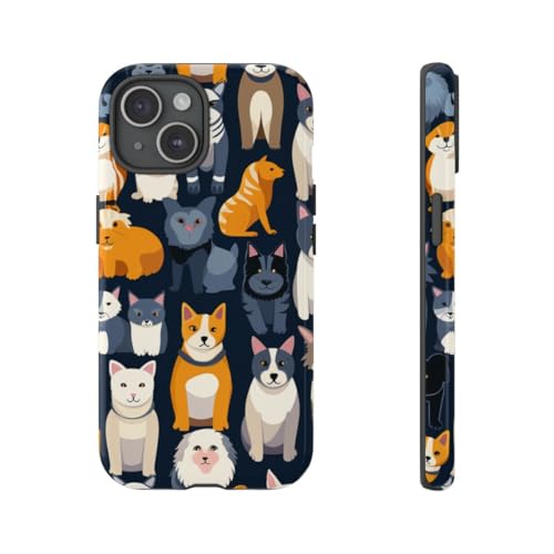 Coque iPhone 15 chat et chien rigide et brillante aux couleurs attrayantes