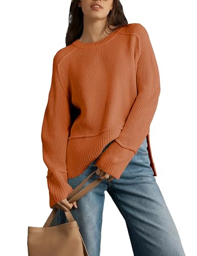 Image of Women's Oversized Pullover Sweaters Crewneck Long Sleeve Casual Side Slit Warm Knit Sweater Top