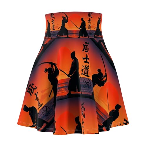 Samurai Skater Skirt for Women – Red Dawn AOP with Katana Duel Print – Japanese Bushido Anime Style Martial Arts Fashion