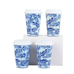 14 oz ceramics Handmade blue and white Retro Coke cups coffee tea set of 4 china Coffee Mugs for Tea, Milk,Dishwasher and Microwave Safe，Free gift soft silicone cover and gift box