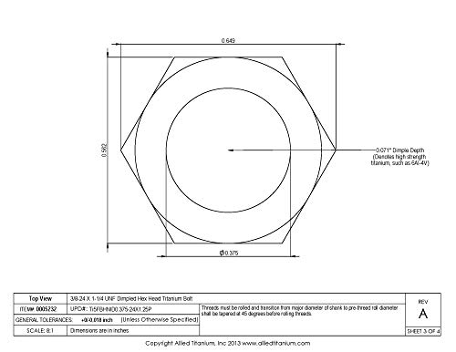 Allied Titanium 0005232, (Pack Of 3) 3/8-24 X 1-1/4 Unf Titanium Hex Head Bolt, Grade 5 (Ti-6Al-4V) #TOP4