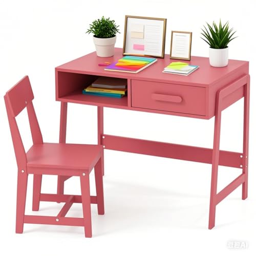 LIFEZEAL Set Scrivania e Sedia per Bambini 3+Anni, Scrivania con Cassetto, Banco Scuola, Tavolo da Studio, Sedia con Schienale, in Legno, per Cameretta, Giocare, Studiare, Multiattività, Rosa