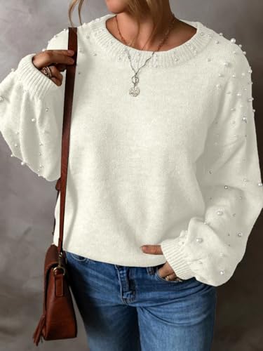 Image of Pearl Sweater for Women Lantern Sleeve Drop Shoulder Crewneck Sweatshirt Knit Chunky Pullover Sweaters with Pearls