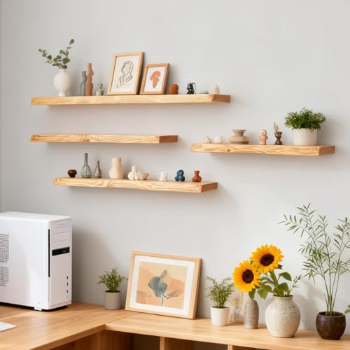 Koryndel 24 Inch Wooden Floating Shelves for Wall Set of 2, Finnish Spruce Solid Wood Shelf, Natural Wood Floating Shelves for Living Room, Bathroom, Bedroom, Kitchen, Natural Finish - image 6