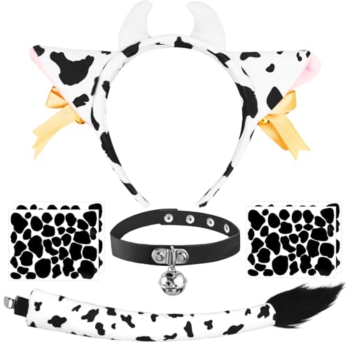 Exlinonline 7Pcs Cow Costume Adult Women Set With Cow Ears Headband Collar Tails and Stickers, Farm Animal Costumes for Adults Women Men Cosplay Parties Accessories Kit