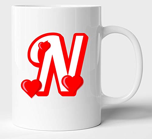 BLISSart Ceramic Coffee Mug, White, 350 ml, 1 Piece, Letter n Printed with Heart Symbol