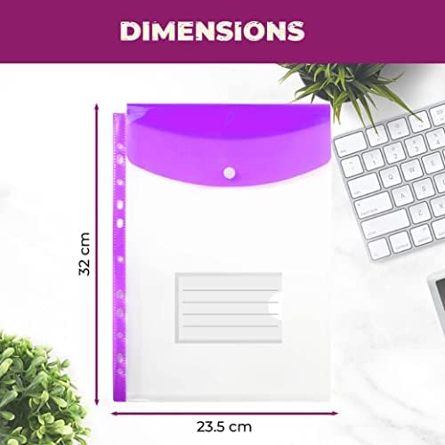 SOLSTM Expandable Punched Pockets A4 - Popper Wallets for Ring Binders & Folders, Clear Plastic Wallets in Assorted Colours To Keep Files Organised For Home, Office & School (A4, Portrait) - Pack of 6