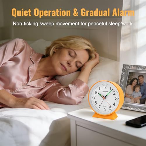Image of 4.5 Inch Small Silent Analog Alarm Clock, Retro Battery Operated Desk Clock with Night Light Stays On 4 Seconds Vintage Metal Table Clock for Bedside, Nightstand, Bedroom, Office, Bathroom - Orange
