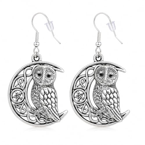 Cute Crescent Moon Owl Earrings Antique Celtic Dangle Animals Jewelry