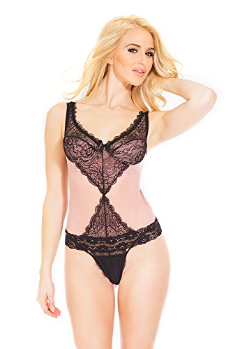 Coquette Women's Off The Shoulder Mesh Lace Teddy, Blush, Large