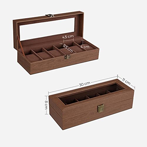 Image of SONGMICS Watch Box with 6 Slots, Watch Box, Glass Lid, Removable Pads, Metal Lock, Brown Coating and Brown Lining JWB006K01 | With Removable Cushions, 30 x 11 x 8 cm, Coffee Brown, BRIDIE Collection JWB006K01