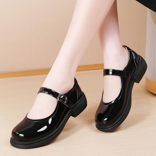 Image of Women Black Mary Jane Flats Non Slip Comfort Office Work Dress School Shoes | OKJ Women's mary janes flat Platform Comfortable maryjane patent leather Dressy Round Toe chunky Cute Shoes