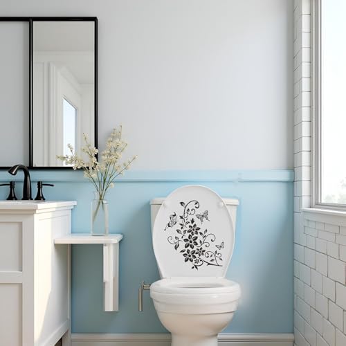 Schwarze Blumen Schmetterling Badezimmer WC Sitz Deckel Abdeckung Decals Aufkleber PVC Aufkleber Abnehmbare Selbstklebende Toilette Dekor Kunst Dekoration Toilettendeckel Abziehbilder Toilettenzubehör