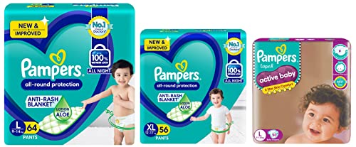 Image of Pampers Active Baby Taped Diapers & All round Protection Pants, Extra Large size baby Diapers, (XL) 56 Count Lotion with Aloe Vera & All round Protection Pants, Large size baby Diapers