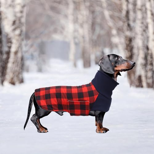 Geyecete Dackel Mantel Winter, Warmer Hunde wintermantel,wasserdichter Hundemantel mit Leinenloch,Hundepullover Hundemantel für kleine Hunde Dackel-Rot-S