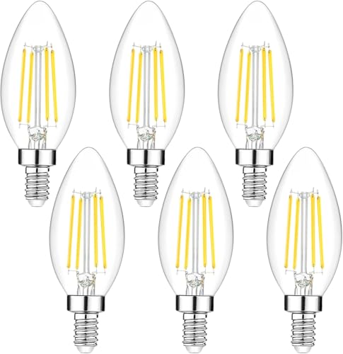Image of 6-Pack Dimmable E12 LED Candelabra Bulbs 40Watt Equivalent, 5000K Daylight White, 450Lumens, 4W B11 Vintage Chandelier Light Bulbs, LED Filament Clear Glass Candle Lamp for Ceiling Fan Home Decor