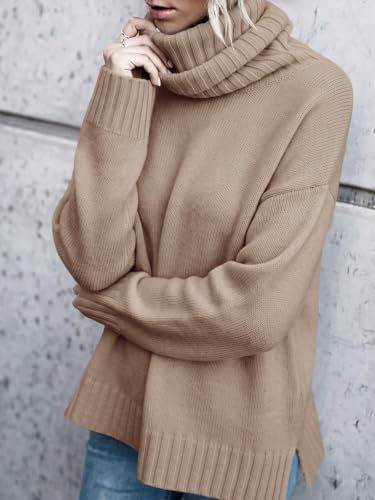 Image of FISACE Womens Oversized Turtleneck Pullover Sweater Cable Knit Sweater Tops | Long Sleeve,Slouchy,Fall,Winter,Lightweight,Loose,Trendy,Casual,Sexy