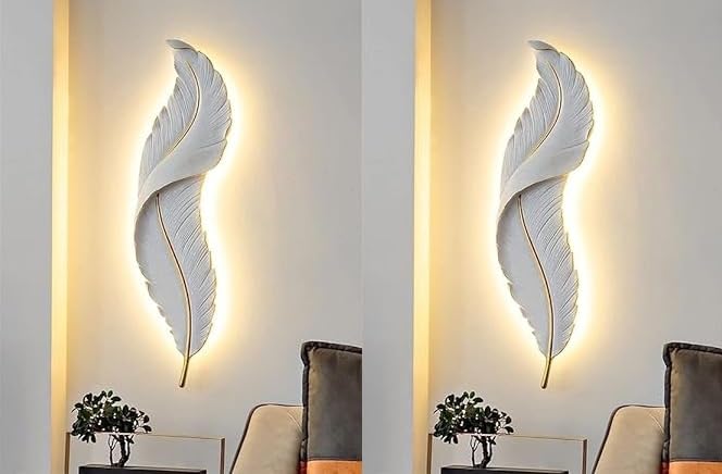 Decor HUB Home Room decore LED Wall Light Sconce lamp Leave Leaf/Feather Mounted Modern Decorative Light Lamp for Living Room,Wall Decoration (White) Pack of 2-image-3