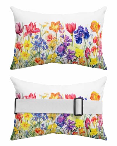 Watercolor Floral Outdoor Beach Pool Chaise Lounge Chair Head Throw Pillow Covers 12x20 With Insert And Adjustable Elastic Stripe Set of 2,Lumbar Cushion Pillow Cases,Botanical Wildflower Leaves White