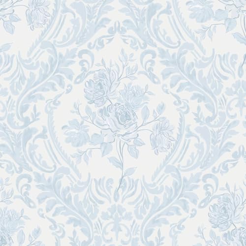 Ismoon Peel and Stick Wallpaper Vintage Floral Contact Paper Boho Watercolor Blue Damask Wallpaper Textured Removable Self Adhesive Vinyl Wall Paper for Bedroom, 17.3 in X 6.5 ft