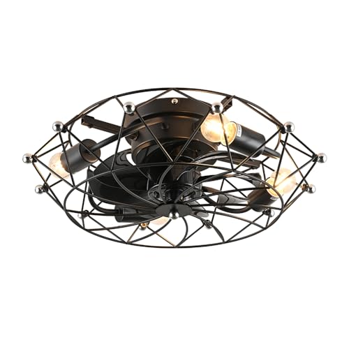 JC TOPA Farmhouse Ceiling Fans with Lights, Flush Mount Ceiling Fans with Remote Control, 19.7” Small Industrial Ceiling Fan with for Living Room, Bedroom, Dining Room, Kitchen, Black