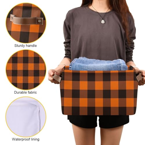 Image of Aslsiy Storage Basket Orange Black Plaid Nursery Bins Baby Box Canvas Clothes Shelf Basket Laundry Hamper Gift Basket for Home Closet 1 Pcs