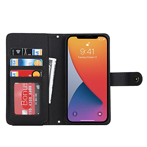 iCoverCase for iPhone 12/12 Pro Wallet Case with Card Holder, Adjustable Crossbody Lanyard PU Leather Kickstand Card Slots Zipper [Not Detachable] Flip Cover Case 6.1 Inch (Black) by iCoverCase - Image 8