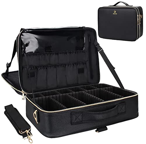 Relavel Makeup Case Large Makeup Bag Professional Train Case 16.5 inches Travel Cosmetic Organizer Brush Holder Waterproof Makeup Artist Storage Box, 3 Layer Large Capacity