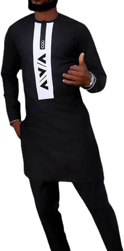 Long Sleeve Men's African Traditional Suit 2 Piece Set Shirt Dashiki and Pants Ethnic Cotton Outfit M-4XL