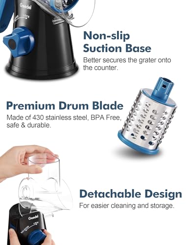 Image of Geedel Rotary Cheese Grater, Kitchen Mandoline Vegetable Slicer with 3 Interchangeable Blades, Easy to Clean Rotary Grater Slicer for Fruit, Vegetables, Nuts