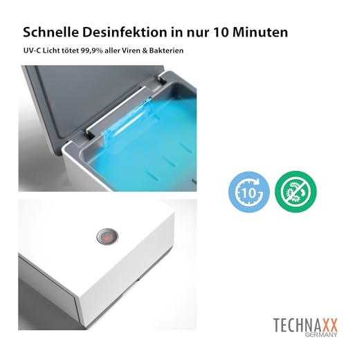 Technaxx UV Desinfektion-Box TX-148 - Desinfektion für Handy`s & Gegenstände, 99,9% Sterilisationseffizienz, Aromaölkammer, Keime, Kabelloses Laden 5W für alle Handys