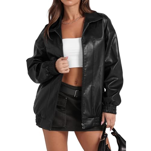 Faux Leather Jacket Women Oversized Casual Zip Up Jacket Motorcycle Bomber Jacket Coat Trendy Fall Winter Clothes