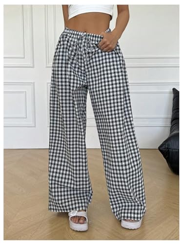 Verdusa Women's Gingham Plaid Wide Leg Pants Streetwear Casual High Rise Baggy Trousers3
