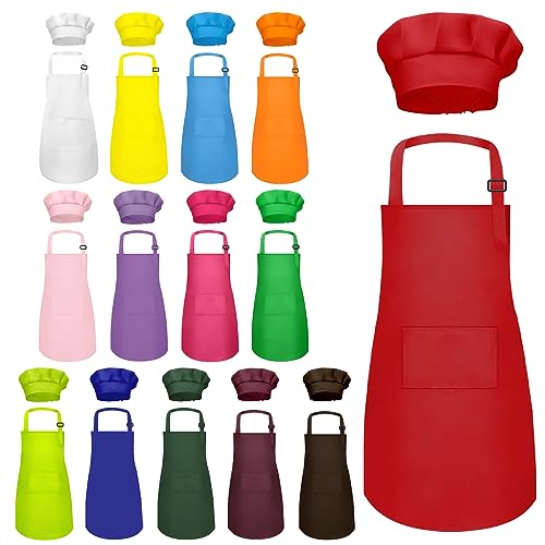 MEOGETY Kids Apron and Chef Hat Set Bulk Children’s Bib with 2 Pockets Adjustable for Boys Girl's Cooking Baking Painting for Age 6-13 Years