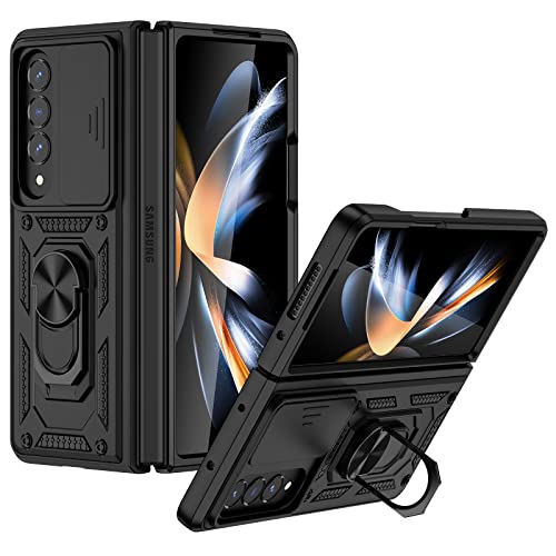 zelaxy Coque Compatible pour Samsung Fold 4 Sens mécanique Protection de lentille coulissante Bande antidérapante sous l'étui du téléphone Etui Rabattable pour téléphone Portable -Le Noir Cover