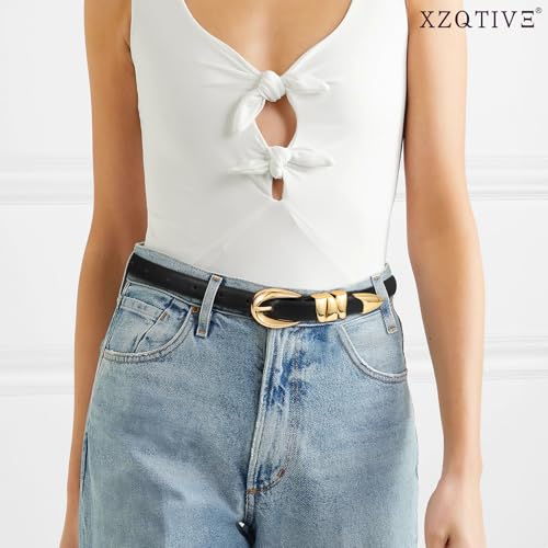 XZQTIVE Women's Skinny Leather Belts Ladies Thin Waist Belts for Jeans Dress Pants Trendy Black Belt with Gold Buckle3