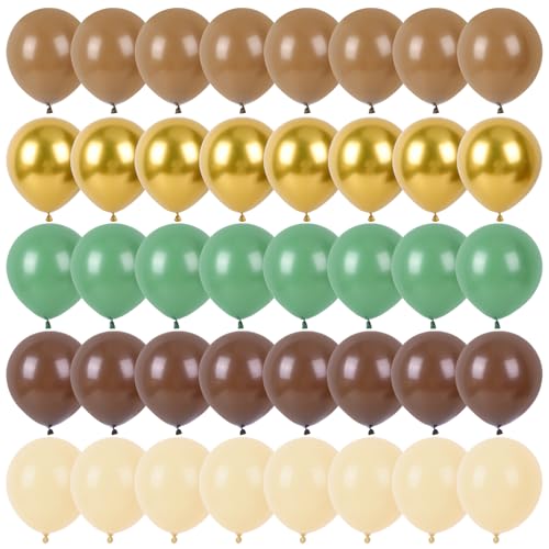 Image of RUBFAC Sage Green and Brown Balloons, 65pcs Olive Green Dark Brown Coffee Nude Gold Metallic Party Balloons for Camo Army Hunting Birthday Jungle Safari Woodland Floral