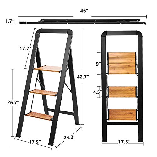 Delxo Aluminum 3 Step Ladder,2020 Upgrade Lightweight Folding Step Stool with Long Handle, Anti-Slip Study Pedal, Classic Wood Look Without Wood Worry Step Ladder, Hold Up to 330LB