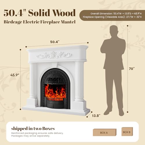 Image of 50 inch Solid Wood Electric Fireplace with Mantel, White Roman Column TV Stand with Black Arched Birdcage Heater Insert, Elegant Fireplace for Living Room, Bedroom & Entryway